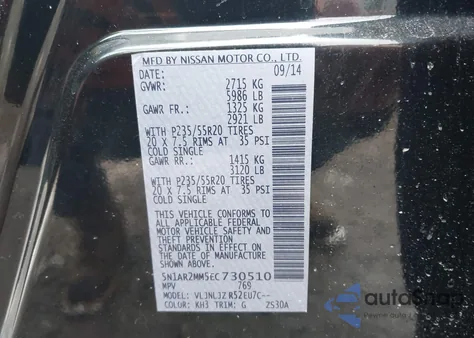 2014 Nissan Pathfinder Platinum z USA, uszkodzony, nr VIN 5N1AR2MM5EC730510